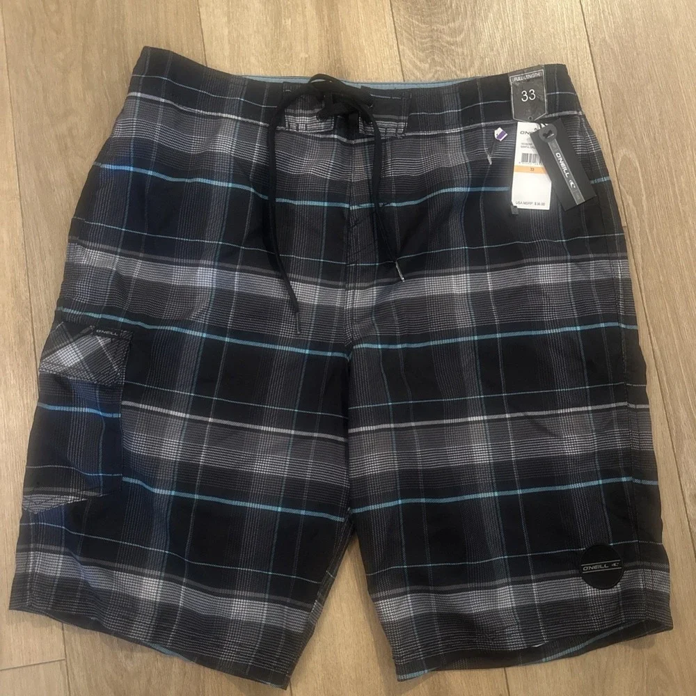 O'Neill Men's Full Length Board Cargo Shorts Santa Cruz Plaid Black‎ 33 NWT